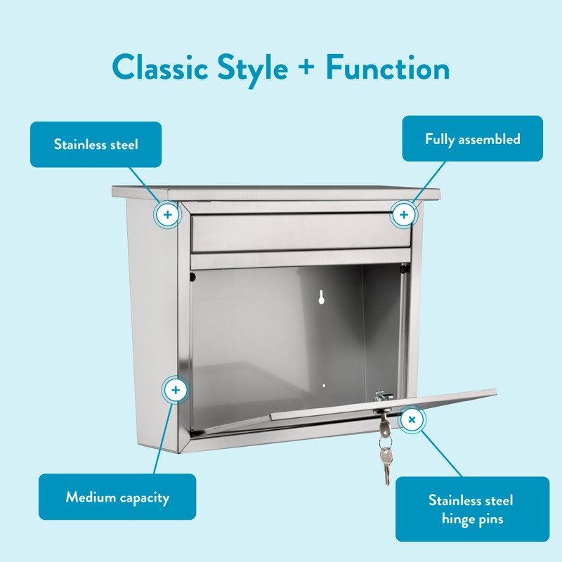 Architectural Mailboxes Maya™ Locking, Wall-Mounted Mailbox for Outside, Metal Stainless