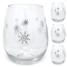 BANBERRY DESIGNS Stemless Wine Glasses - Snowflake Wine Glass - Set of 4 - Winter Holiday Glasses with Silver Snowflake Design - 20 oz Capacity