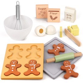 Pillowhale Wooden Gingerbread Cookie Baking Set, 18 Pcs Pretend Play Kitchen Toy with Whisk, Bowl, Tray, Rolling Pin & Expressive Cookies, Pretend Play Baking Set Montessori Gift for Kids Ages 3+