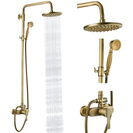 Heyalan Antique Brass Exposed Pipe Shower System 8 Inch Rainfall Shower Head Brass Fixture Combo Set Single Handle Handheld Sprayer Bathroom Shower Faucet Dual Functions