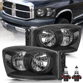 Aosky Headlight Assembly Pair Set Compatible with 2006-2008 Dodge Ram 1500 2006-2009 Dodge Ram 2500 3500 Halogen OE Style Replacement Black Housing & Clear Reflector with Bulbs