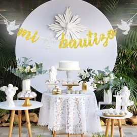 Mi Bautizo Banner, Spanish Baptism Decorations, First Holy Communion/God Bless Banner, Christening Party Supplies, Religious Baby Shower Decoration Gold Glitter