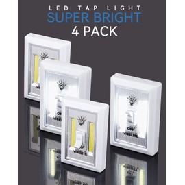 LED Night Light Switch, 12 Total Batteries Included, 200 Lumen Wireless COB LED Switch Light, Under Cabinet, Shelf, Closet, Garage, Kitchen, Stairwell and Emergency, Battery Operated, 4 Pack