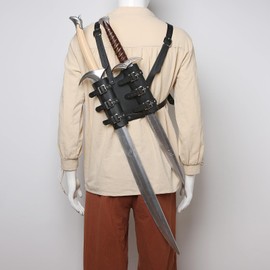 HZMAN Medieval Faux Leather Double Back Sword Frog Adjustable Black Rapier Sword Holster Renaissance Knight LARP Costume Accessory