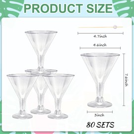 JarThenaAMCS 80 Pack 7Oz Plastic Martini Glasses with Pearl Cocktail Pick Disposable Goblet Clear Stemmed Wine Cup for Bar Party Margarita Appetizer Dessert Supplies