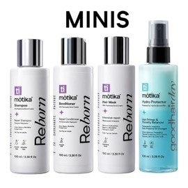 MOTIKA Travel Kit para Cabello | Shampoo Reborn + Bonditioner hidratante + Hair Mask ultra reparadora + Good Hair Day Leave In | Suavidad instantanea,