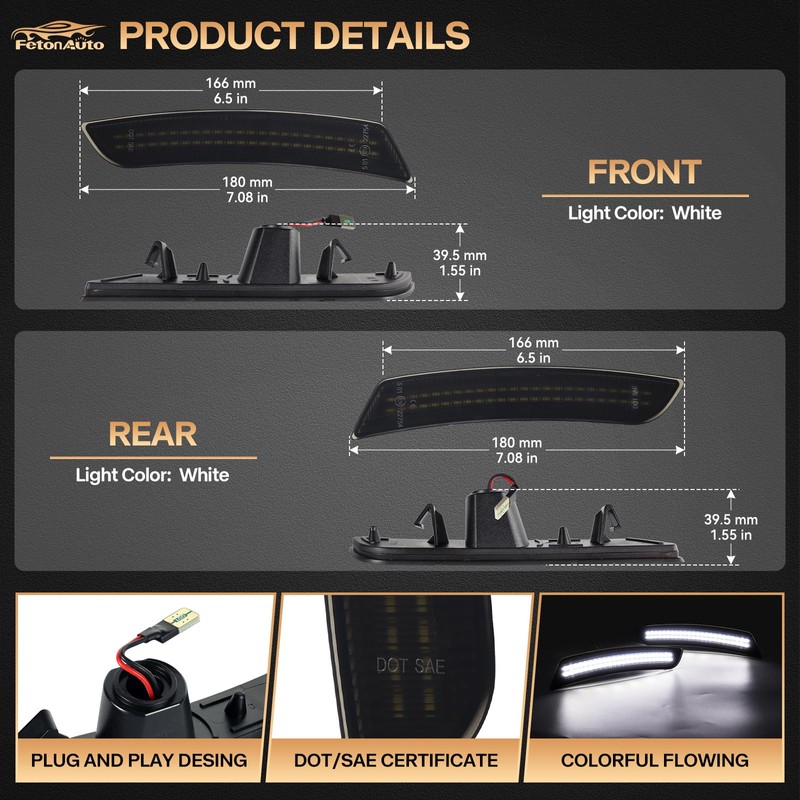 FetonAuto Dynamic White LED Side Marker Lights for Chevy Camaro