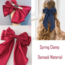 3 PCS Big Bow Hair Clips, Large Bowknot Hairpin French Hair Clips Red Hair Bows for Women with Long Silky Satin Ribbon Solid Color Hair Barrettes Accessories for Women Girls(Red+Navy blue+White)