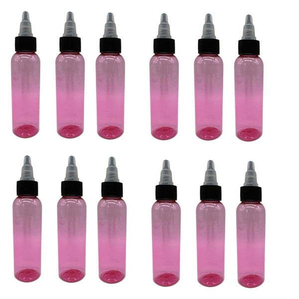 Natural Farms - Botellas de plástico Cosmo rosa de 2 onzas, paquete de 12 botellas vacías recargables, sin BPA, aceites esenciales, aromaterapia, tapa superior giratoria negra y natural, fabricadas en los Estados Unidos