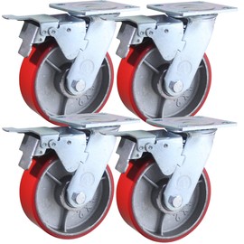 6" x 2" Heavy Duty Metal CASTERS with Poly Tread - Foghorn Construction (4 Brake Set)