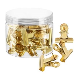YUCHIYA 32 Pack Bulldog Clips with Push-pins for Corkboard,Metal Clips for Crafts, Metal Binder Clips for Pictures, Spring Paper Clamps for Office Documents (Gold,0.85inch)