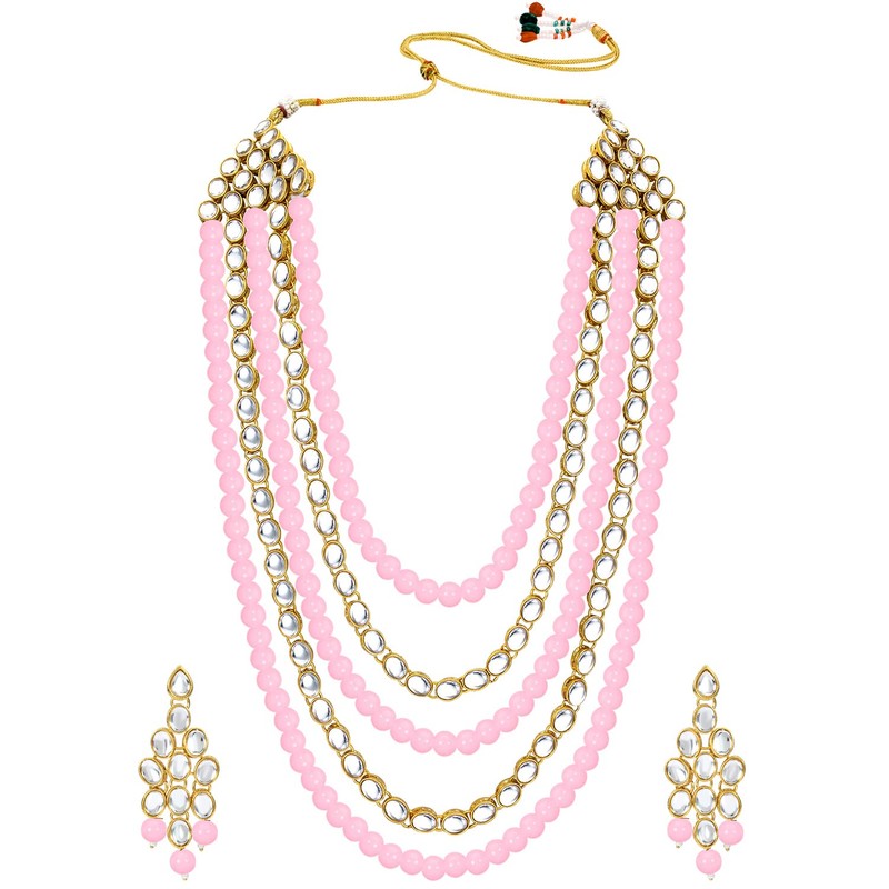 Aheli Kundan Pearl Long Multi Layered Collar Pendientes Set Joyería