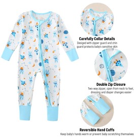 OPAWO Unisex 2 Way Zipper Closure Footless, Rayon Made From Bamboo Baby Clothes Long Sleeve Baby Sleepsuits for Boys & Girls, Toddler's Pyjamas Onesie for Baby Grows (Stars/Astronauts,6-12 Months)