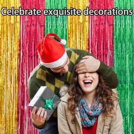 19.68ft x 6.56ft Christmas Foil Fringe Curtains, Red Green Golden 6 Pack 3.3 x 6.6 ft Christmas Party Decoration, Tinsel Fringe Party Photo Backdrop Streamer Backdrop for Christmas New Year Decor