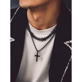 Bandmax Layered Chain Cross Curb Chain Men's Chain Set Stainless Steel Cross Chain Cuban Chain Cross Pendant Necklace Women's Chains Jewellery Accessories, Metal, No Gemstone