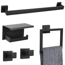 Woekme 5 Pieces Black Towel Bar Set Bathroom Hardware Accessories Set Upgraded Toilet Paper Holder with Shelf Towel Holder Set for Bathroom Stainless Steel Wall Mounted