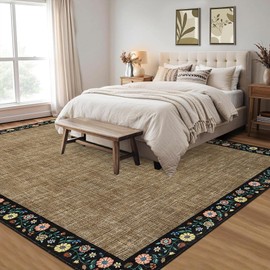 GarveeHome Washable Area Rugs for Bedroom 5x7 Living Room Modern Floral Throw Rugs Non-Slip Lightweight Thin Carpet Modern Farmhouse Print Non-Shedding Soft Low Pile Floor Cover, Brown