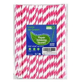 Lives on Green 7.75 inch Hot Pink Striped Paper Straws for Drinking - Unwrapped, 100 Counts - for Party, Wedding, Cocktail, Beverage