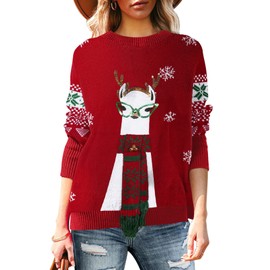 Pink Queen Women's Cute Long Sleeve Funny Santa Alpaca Swowflake Ugly Christmas Knitted Sweater Jumper Top Red L