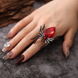 ANGLEQUEEN Punk Spider Rings for Women Silver Black Spider Web Bat Knuckle Rings Gothic Vintage Dark Crystal Rings Red Heart Gemstone Statement Rings (style6)
