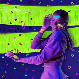 Mega-L Glow in The Dark Party Supplies, 4 Pack Foil Fringe Garland Birthday Party Decorations 9.8 ft Fluorescent Macaron Yellow Metallic Tinsel Streamers Banner, Glitter Photo Booth Prop Table Skirt