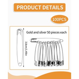 MYGLOAR 100pcs 38mm Safety Pins Safety Pins for Crafts, Sewing, Clothing, Artwork, Silverware (Gold and Silver)
