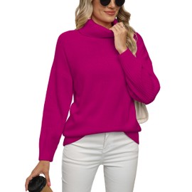 Jouica Women Casual Turtleneck Batwing Sleeve Chunky Oversized Ribbed Knit Tunic Sweaters Pullover,Rose Red,X-Large