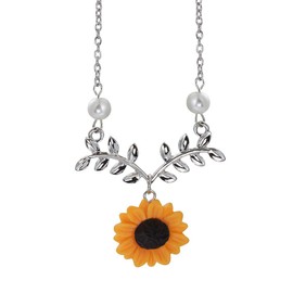 Set of 5 Sunflower Faux Pearl Leaf Chain Resin Boho Petal Pendant Necklace with Sunflower Bracelet Earrings Ring for Women Jewelry Accessories (Silver)