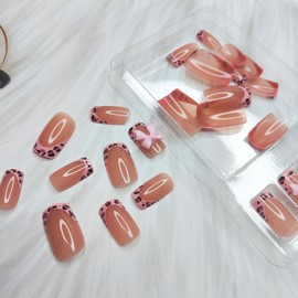 Leopard Print French Tip Press on Nails Short Square Fake Nails Glossy 3D Pink Bow Charms False Nails Pink Cheetah French Tip Full Cover Glue on Nails for Women Girls Nail Art Decoration 24Pcs