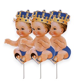 Sitting Royal Prince Centerpiece Set of 3 – Blue Prince Baby Shower Decorations, First Birthday Prince Theme (Brunette Boy, 10 inches Tall Centerpieces)
