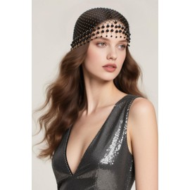 Coucoland Beaded Rhinestone Hair Cover - Flapper Style Elastic Mesh Pearl Headpiece for Women 1920s Retro Accessories