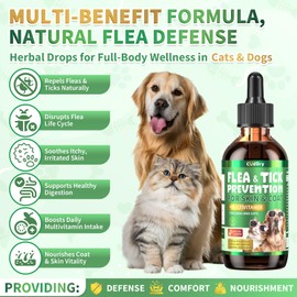 Oral Flea & Tick Prevention for Dogs and Cats, Natural Flea and Tick Defense Drops with Multivitamin for Pets - Supports Healthy Skin & Coat - Flea Herbal Drops All Breeds and Sizes - Bacon Flavor