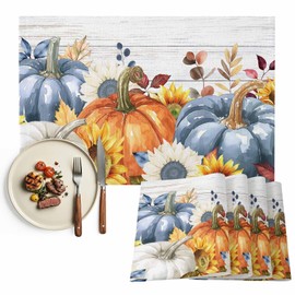 Fall Placemats Set of 4 Thanksgiving Table Mats, Farmhouse Pumpkin Sunflower Wood Seasonal Holiday Outdoor Dining Table Place Mats for Home Party Decoration(Blue Orange, 13"x19")