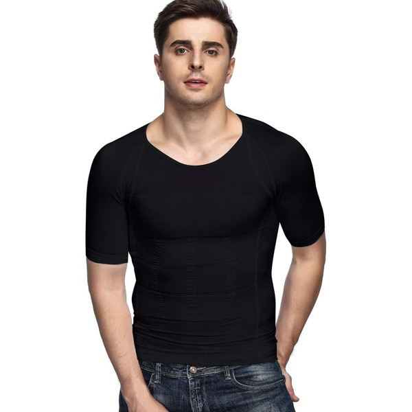 Odoland Men's Body Shaper Slimming Shirt Tummy Vest Thermal Compression Base Layer Slim Muscle Short Sleeve Shapewear, Black XL
