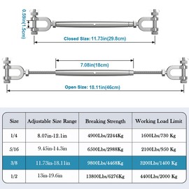 hannger Turnbuckle, 2 Pack 3/8" (M10) 304 Stainless Steel Turnbuckles for Cables Wire, Closed Body Design, 3200 lbs Working Load Limit - Heavy Duty Wire Tensioner for Shade Sails Hardware, Ziplines