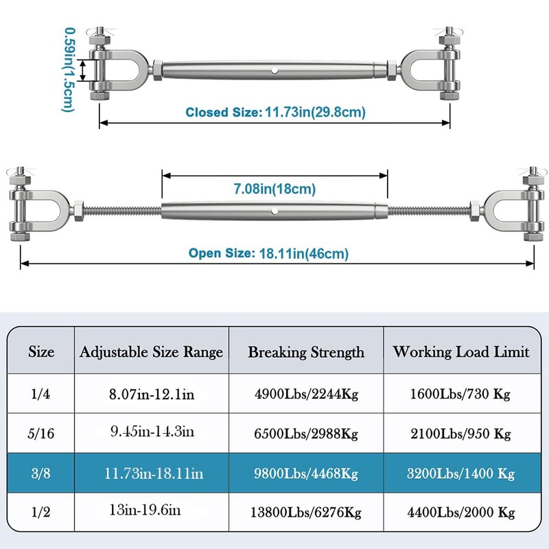 hannger Turnbuckle, 2 Pack 3/8" (M10) 304 Stainless Steel Turnbuckles
