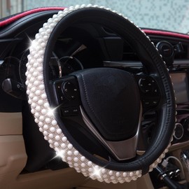 Leather Bling Steering Wheel Cover Women Rhinestone White Soft Comfortable Glitter Sparkly Universal 15 inch Steering Wheel Cover Non-Slip Car Accessories