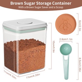 Mutclord POP Airtight Brown-Sugar Keeper-Container - 1.3Qt(42Oz/1.2L) Clear Jar | 1/2 Tablespoon Scoop | Brown Sugar Saver | Stackable One-Touch Opening