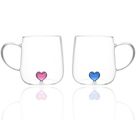 Softfree Glass Coffee Mugs with Heart Insaid, 16OZ Aesthetic Glasses Drinking Cup, Cute Valentine's Day Gift for Her (Clear Pink and Blue)