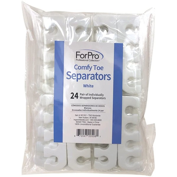 ForPro Comfy Toe Separators, White, Luxurious Foam Pedicure Toe Separators, Individually Wrapped, 24-Pairs