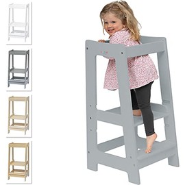 Stepup Baby Montessori Toddler Tower Kitchen Wooden Helper Step Stool, Adjustable Toddler Steps with Safety Rail - Grey