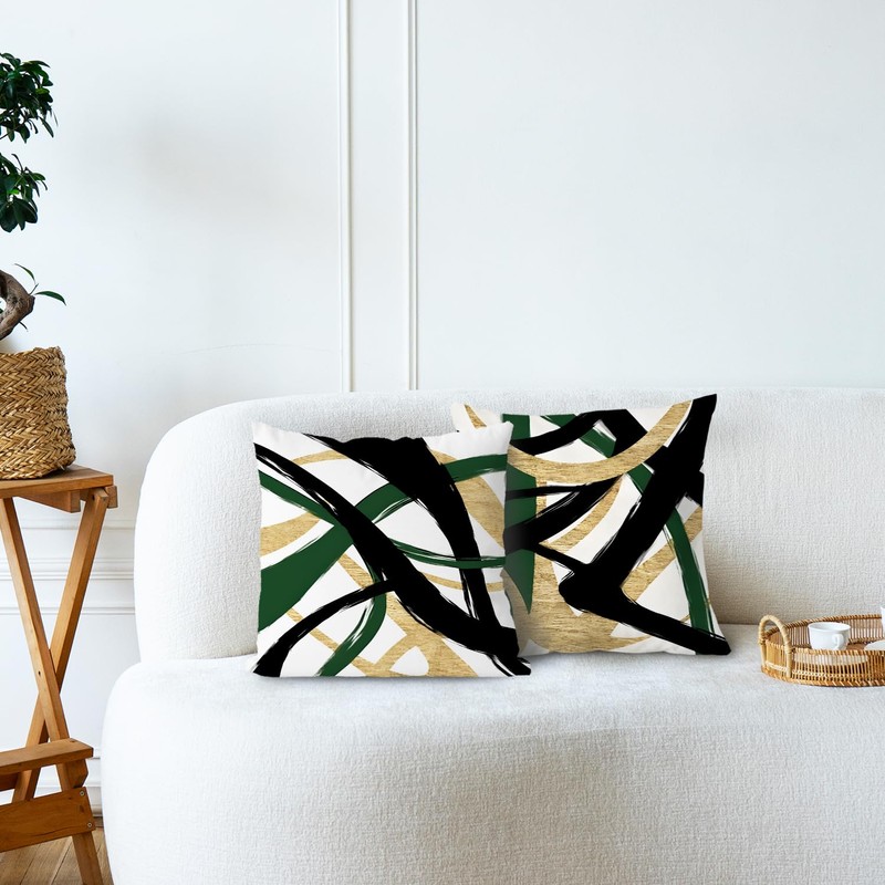 Supwhd Black Gold Green Pillow Covers, Abstract Black and Gold