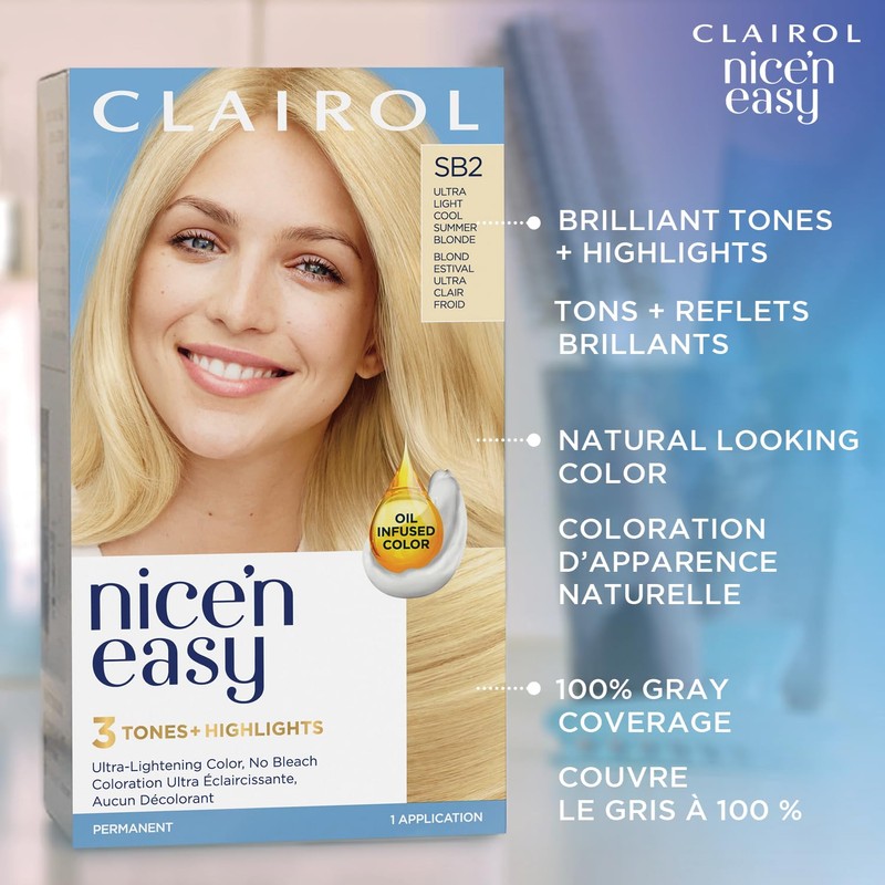 Clairol Nice'n Easy Permanent Hair Dye, SB2 Ultra Light Cool