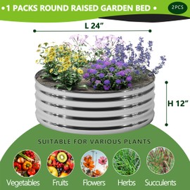 DIIYIV 2PCS 2x2x1FT Galvanized Raised Garden Bed Kit,Vegetable Boxes-Round Metal Flower Box,Large Planter Raised Beds Outdoor Garden for Planting,Fruit,Herb-Silver