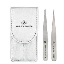 Beauty Power Professional Tweezers Set – Slant & Point, Ultra Precision German Stainless Steel Tweezers for Eyebrows, Chin, Ingrown Hair & Facial Grooming – Lightweight with Travel Case (Matte Grey)