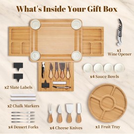 CAWIU Charcuterie Board with Lid – Large Bamboo Cheese Board Set with Utensils & Drawers – Housewarming, Wedding Gifts for Couples, Serving Tray with Cover (Cream)