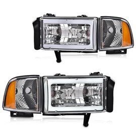 GRAND ORANGE LED Light Strip Headlight w/o Bulbs Compatible with Dodge Ram 1500 1994-2001/Dodge Ram 2500 3500 1994-2002 Clear Lens Chrome Housing Amber Reflector