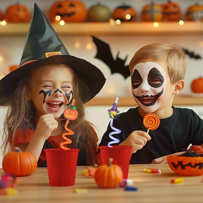 32 PCS Halloween Cartoon Themed Straws,Reusable Plastic Drinks Pumpkin Skull
