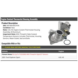 Engine Coolant Thermostat Housing Assembly with Thread-In Style ECT Sensors - Aluminum - Compatible with 2001 Ford Explorer Sport 4.0L V6 with Thread-In Style ECT Sensors (Up To 7/23/2000)