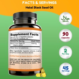 SHIFAA NUTRITION Halal Black Seed Oil | 1000mg 45 Servings | Nigella Sativa, Kalonji | Supports Hair, Skin, Joints, Immune, Heart, Digestion